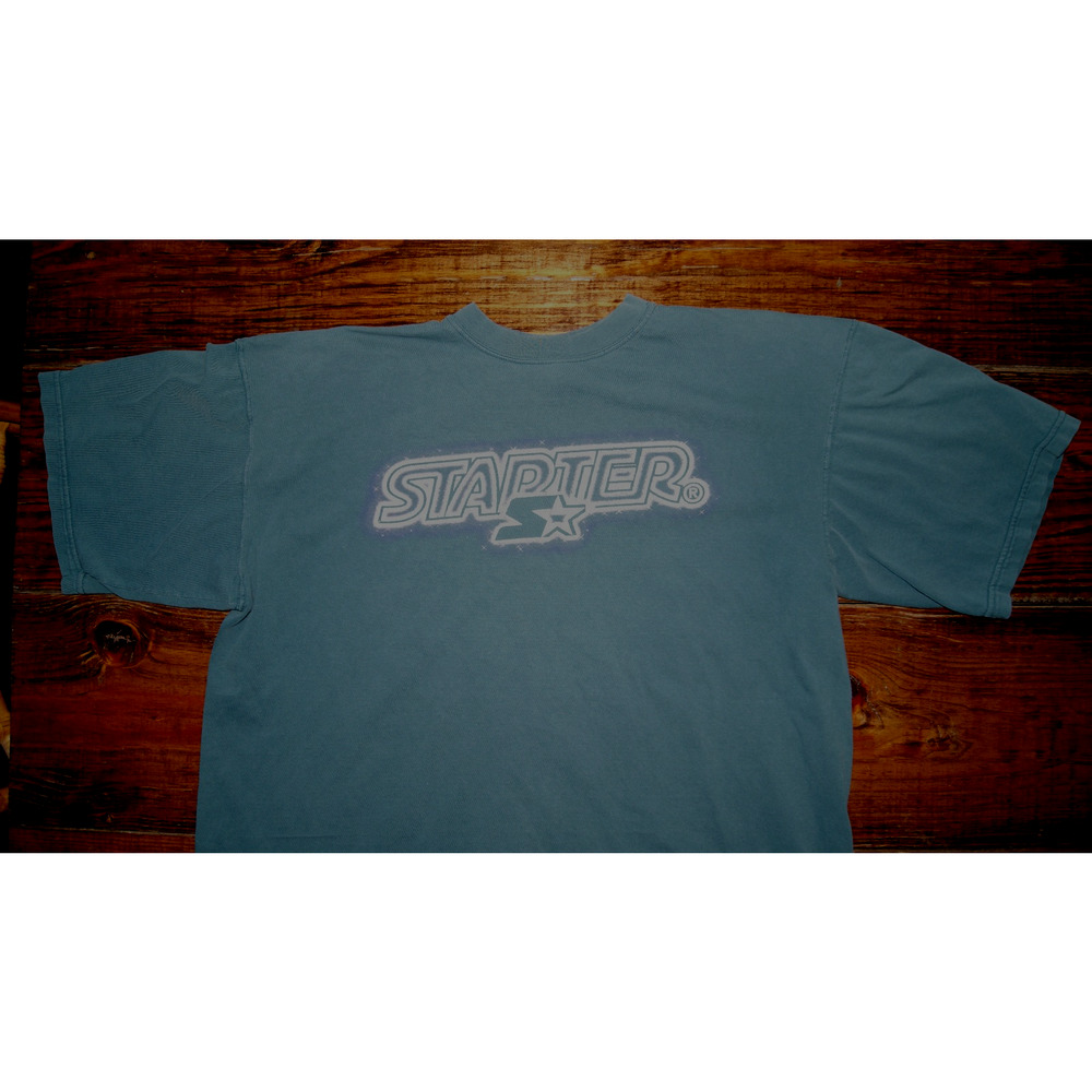 Vintage 90s STARTER Stars Spell Out Logo Turquoise Blue Mens XL TShirt USA Made